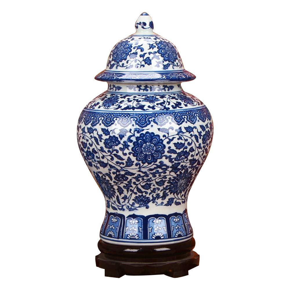 ufengke Jingdezhen Classic Blue and White Porcelain Floral Temple Ginger Jar Vase, China Ming Style,Height 15inch(38cm),Blue,White