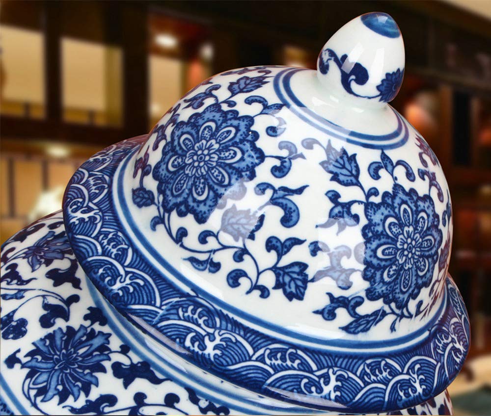 ufengke Jingdezhen Classic Blue and White Porcelain Floral Temple Ginger Jar Vase, China Ming Style,Height 15inch(38cm),Blue,White