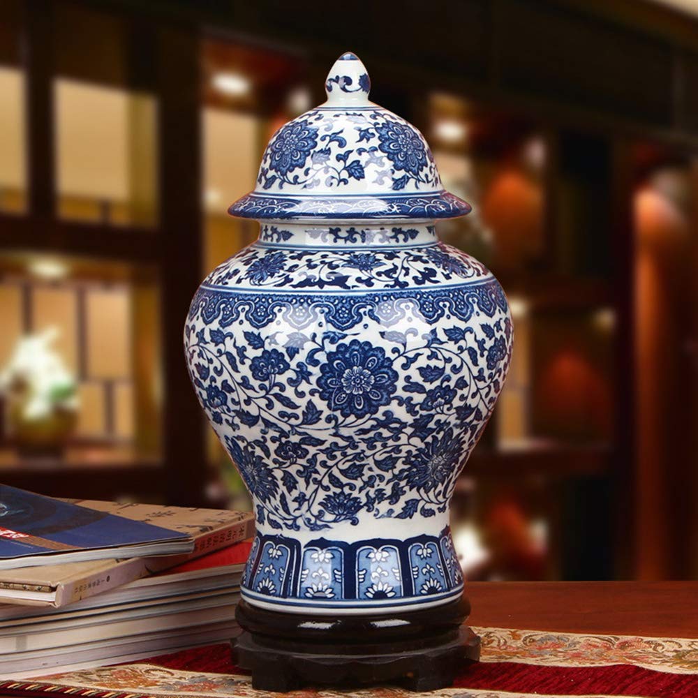 ufengke Jingdezhen Classic Blue and White Porcelain Floral Temple Ginger Jar Vase, China Ming Style,Height 15inch(38cm),Blue,White