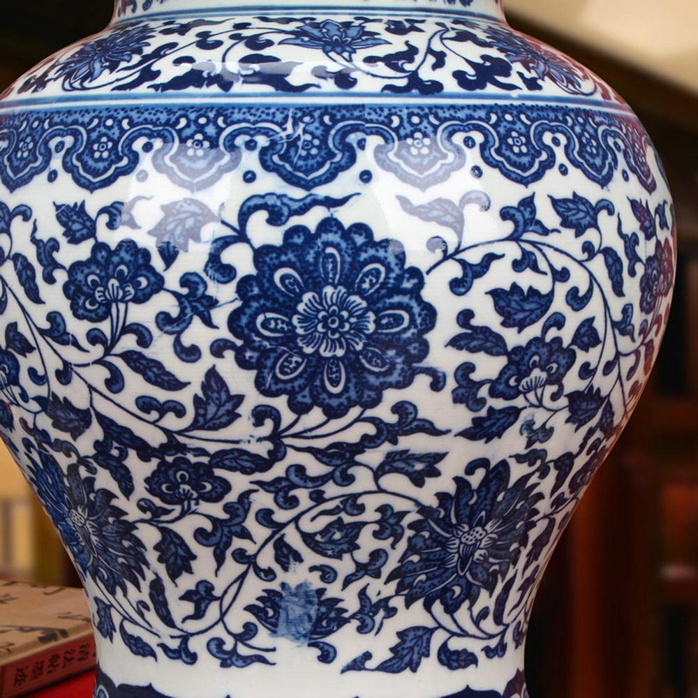 ufengke Jingdezhen Classic Blue and White Porcelain Floral Temple Ginger Jar Vase, China Ming Style,Height 15inch(38cm),Blue,White