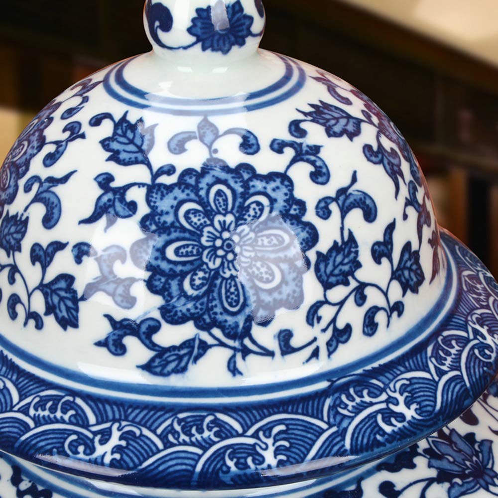ufengke Jingdezhen Classic Blue and White Porcelain Floral Temple Ginger Jar Vase, China Ming Style,Height 15inch(38cm),Blue,White
