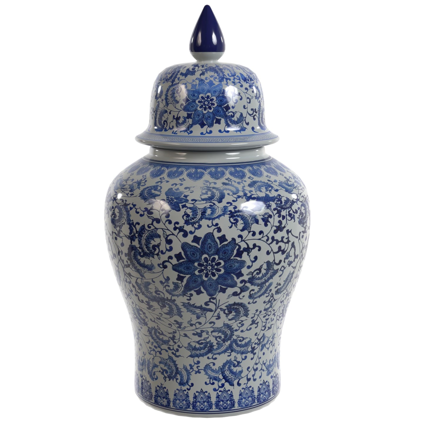 Red Lantern 18" Floral Blue & White Porcelain Temple Jar
