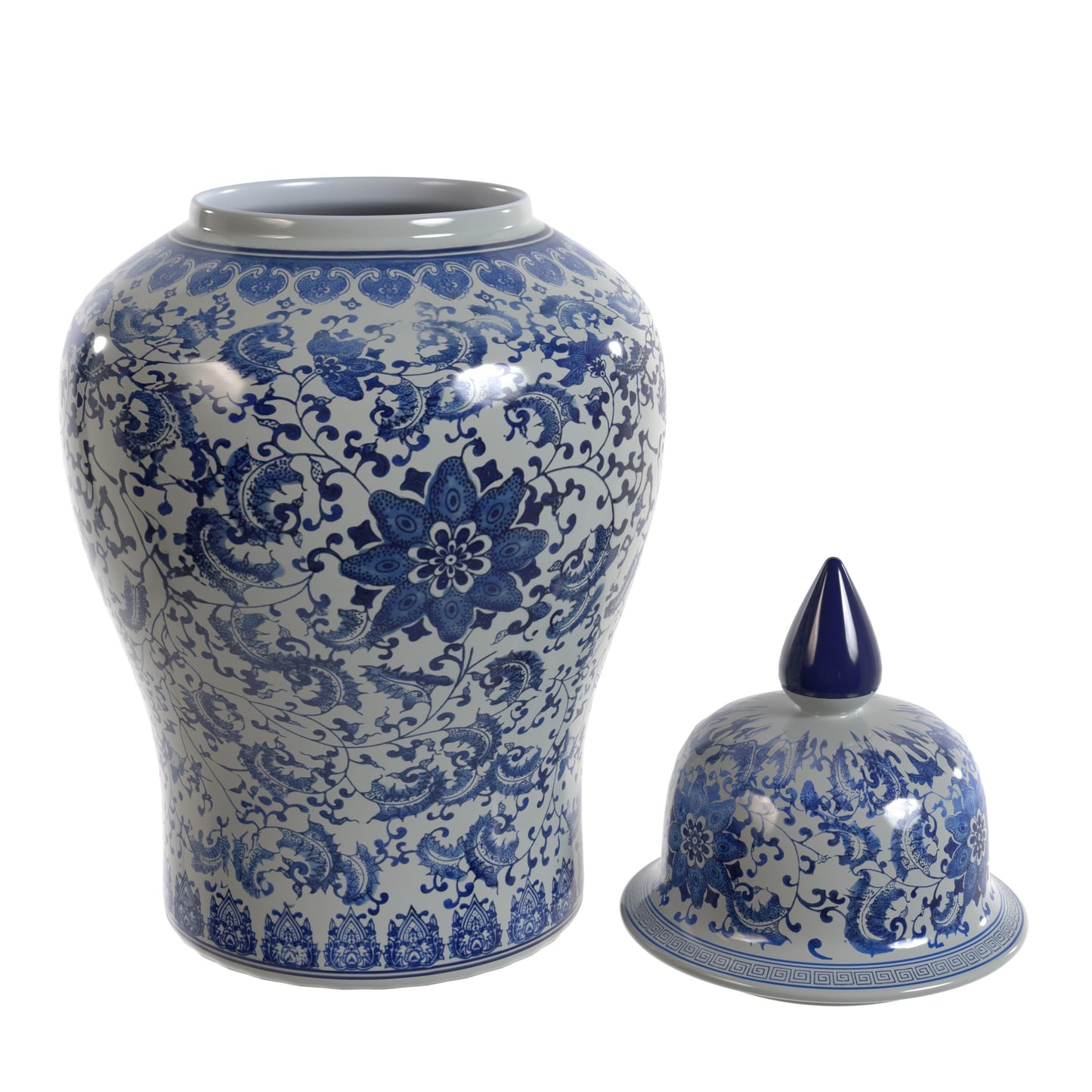Red Lantern 18" Floral Blue & White Porcelain Temple Jar