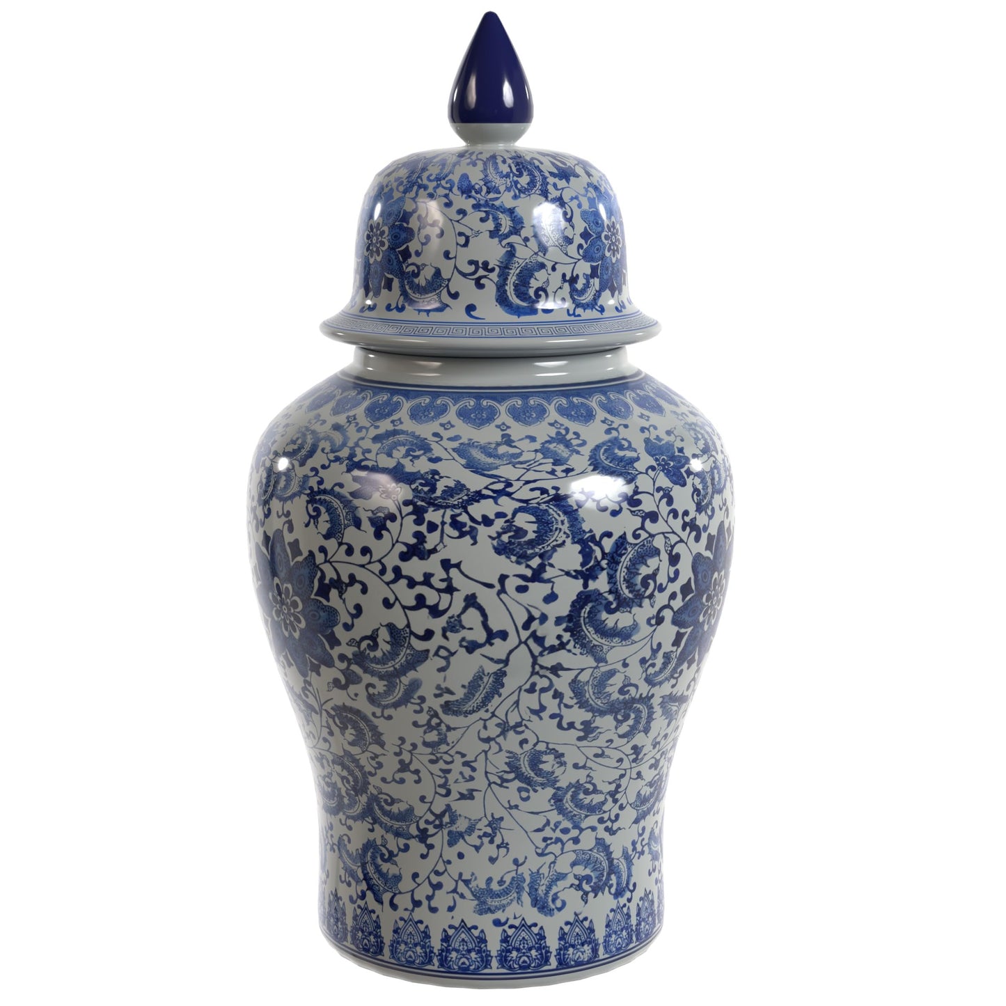 Red Lantern 18" Floral Blue & White Porcelain Temple Jar