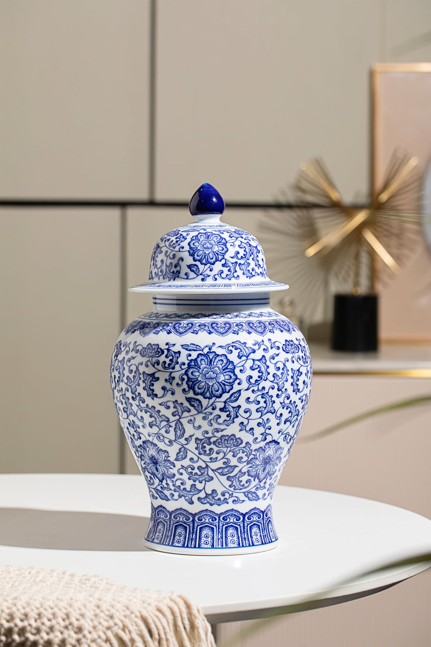 Blue and White Ginger Jars for Home Décor, Chinoiserie Porcelain, Ginger Jar Vase Decor, Good Ideal for Room,Office Decoration,15" H