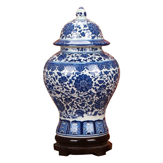 ufengke Jingdezhen Classic Blue and White Porcelain Floral Temple Ginger Jar Vase, China Ming Style,Height 15inch(38cm),Blue,White