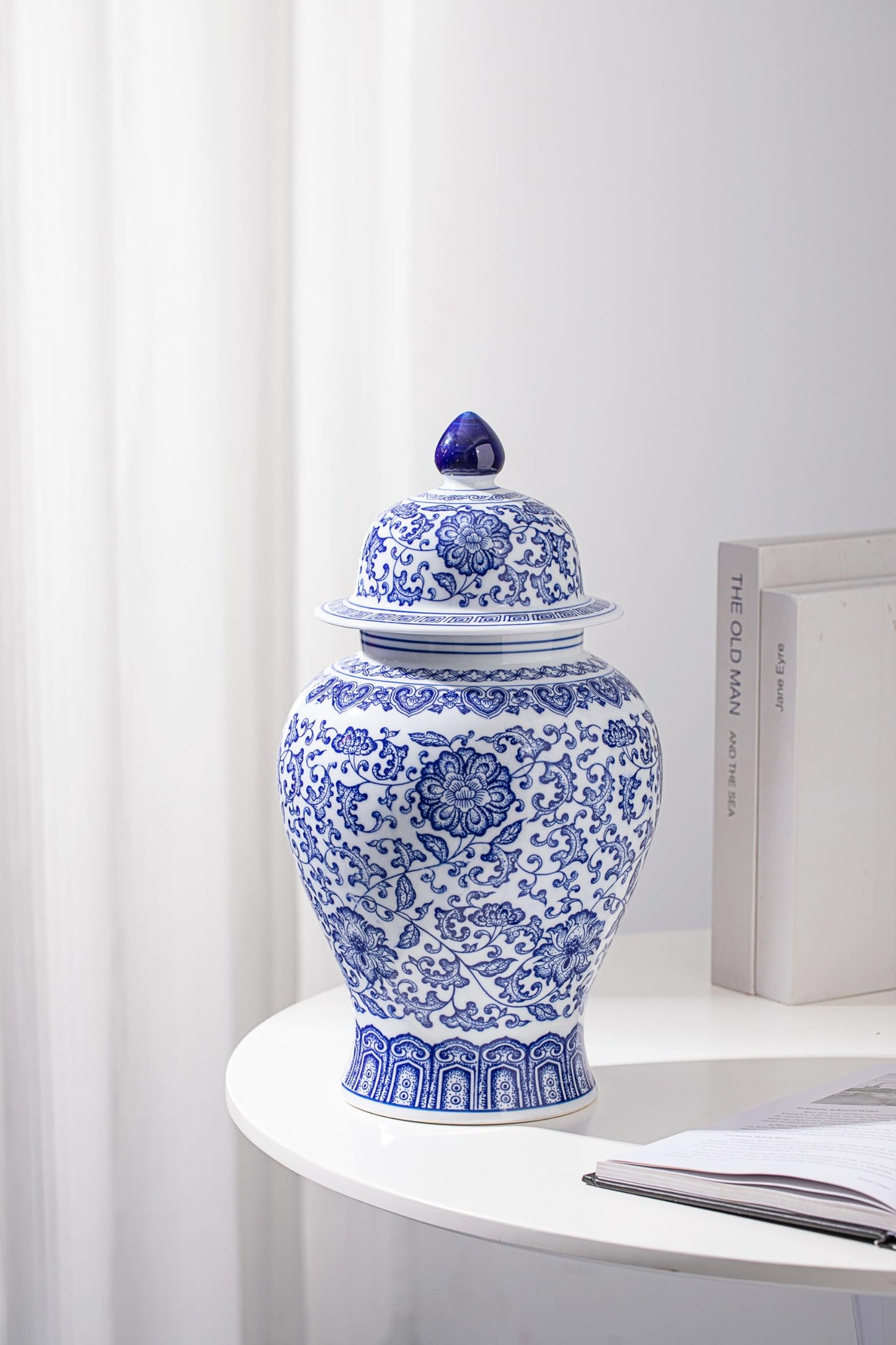 Blue and White Ginger Jars for Home Décor, Chinoiserie Porcelain, Ginger Jar Vase Decor, Good Ideal for Room,Office Decoration,15" H