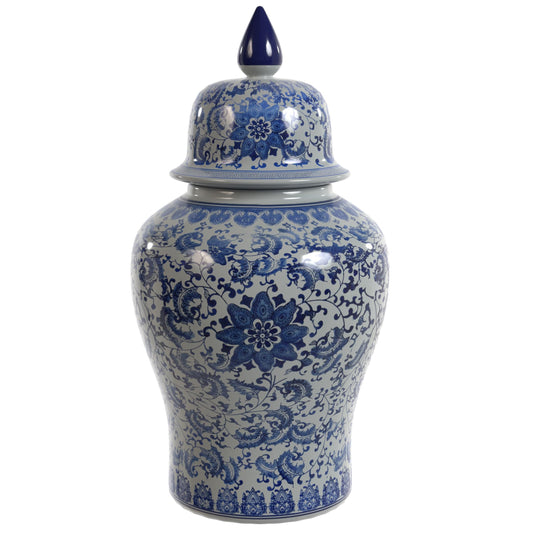 Red Lantern 18" Floral Blue & White Porcelain Temple Jar