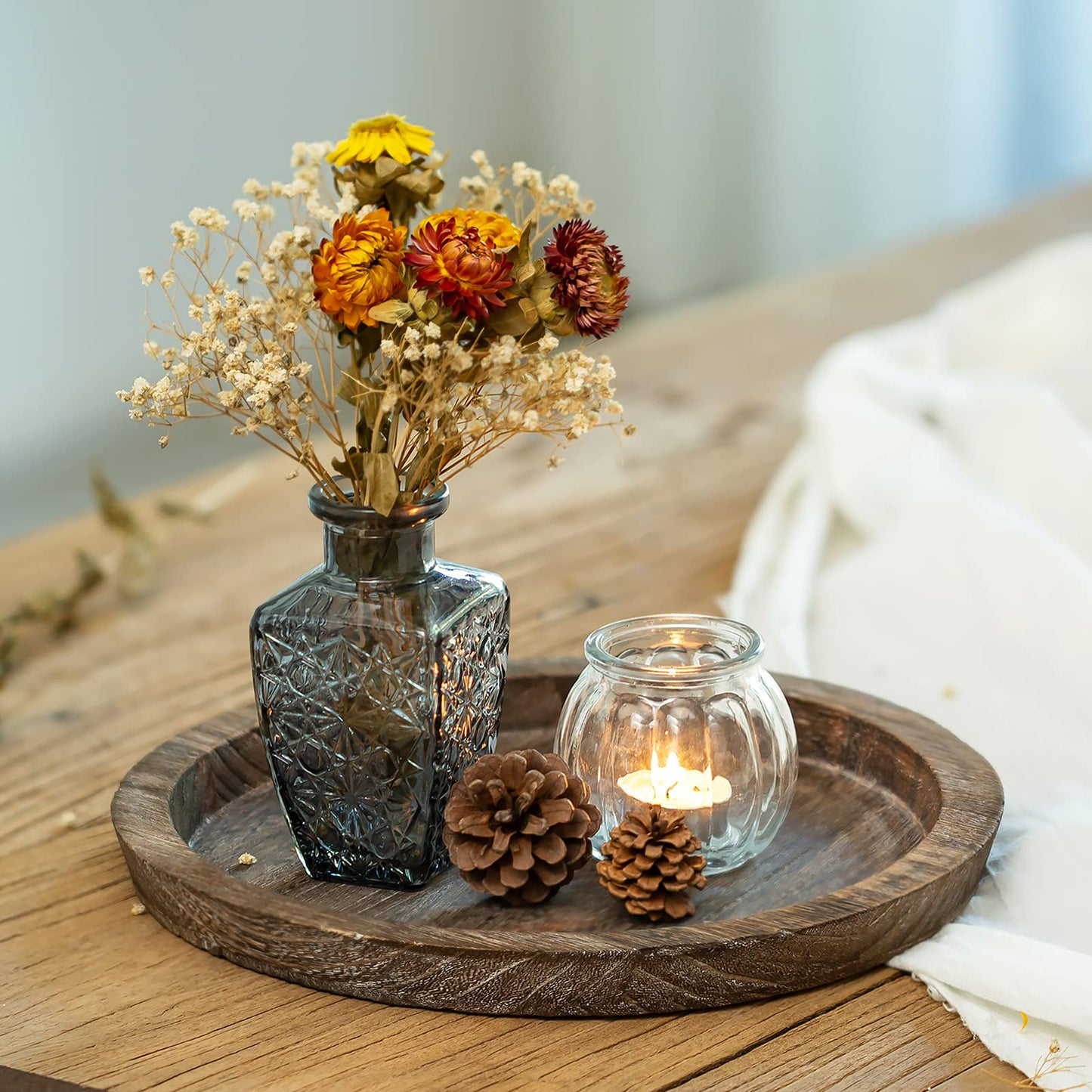 Romadedi Rustic Wooden Tray Candle Holder - Small Wood Decorative Plate Pillar Candle Tray for Farmhouse Kitchen Countertop Bathroom Coffee Table Organizer Home Decor Wedding Centerpiece, 11inch