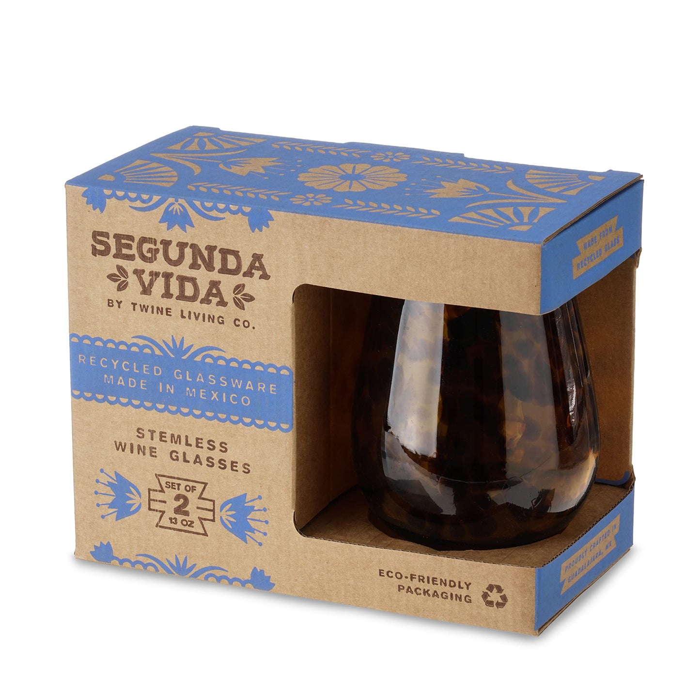 Segunda Vida Tortuga Tortoise Shell colored Stemless Wine Glasses Set - Hand Blown Colorful Wine Glasses - Amber 100% Recycled Glassware Made in Mexico, 13oz, Set of 2