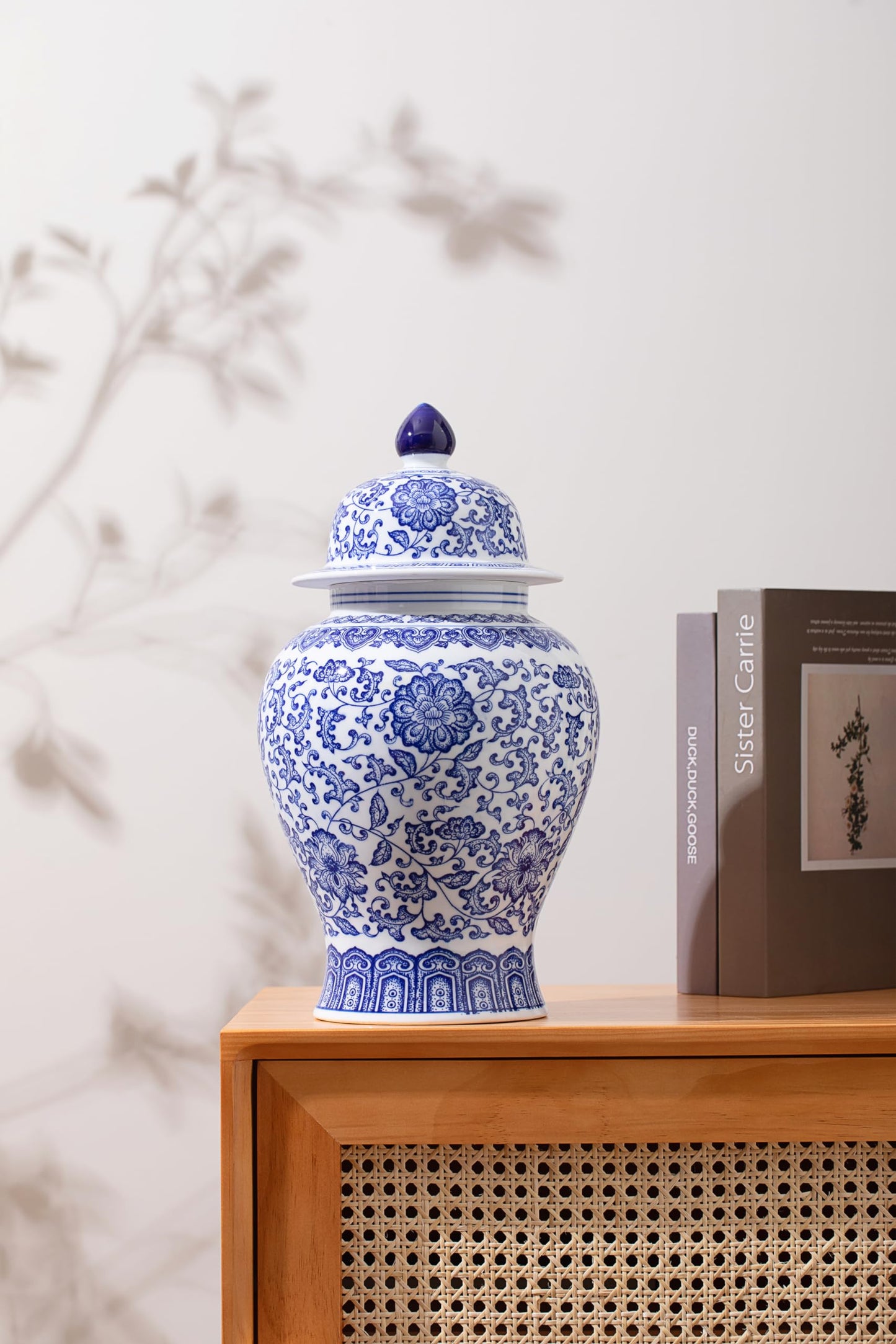 Blue and White Ginger Jars for Home Décor, Chinoiserie Porcelain, Ginger Jar Vase Decor, Good Ideal for Room,Office Decoration,15" H