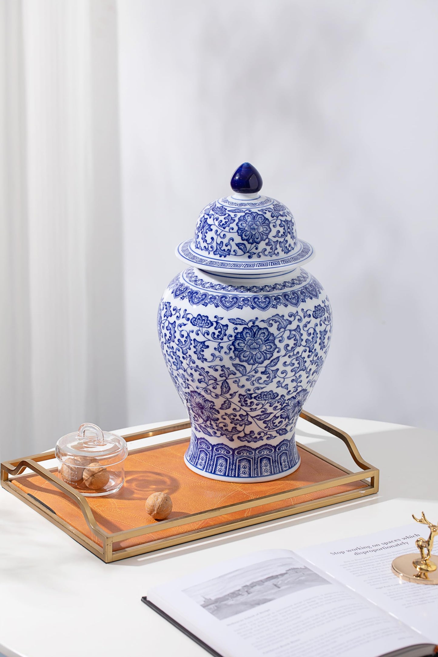 Blue and White Ginger Jars for Home Décor, Chinoiserie Porcelain, Ginger Jar Vase Decor, Good Ideal for Room,Office Decoration,15" H
