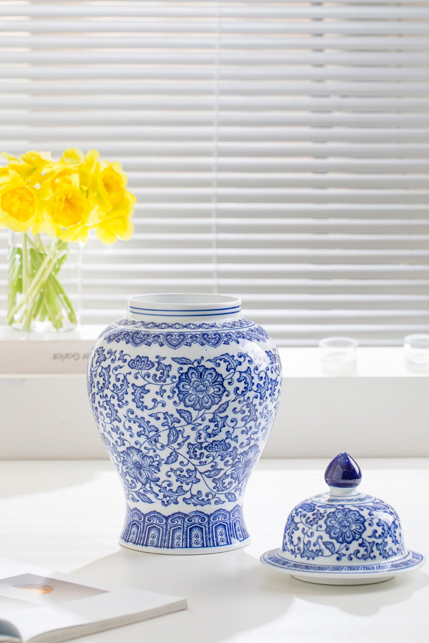 Blue and White Ginger Jars for Home Décor, Chinoiserie Porcelain, Ginger Jar Vase Decor, Good Ideal for Room,Office Decoration,15" H