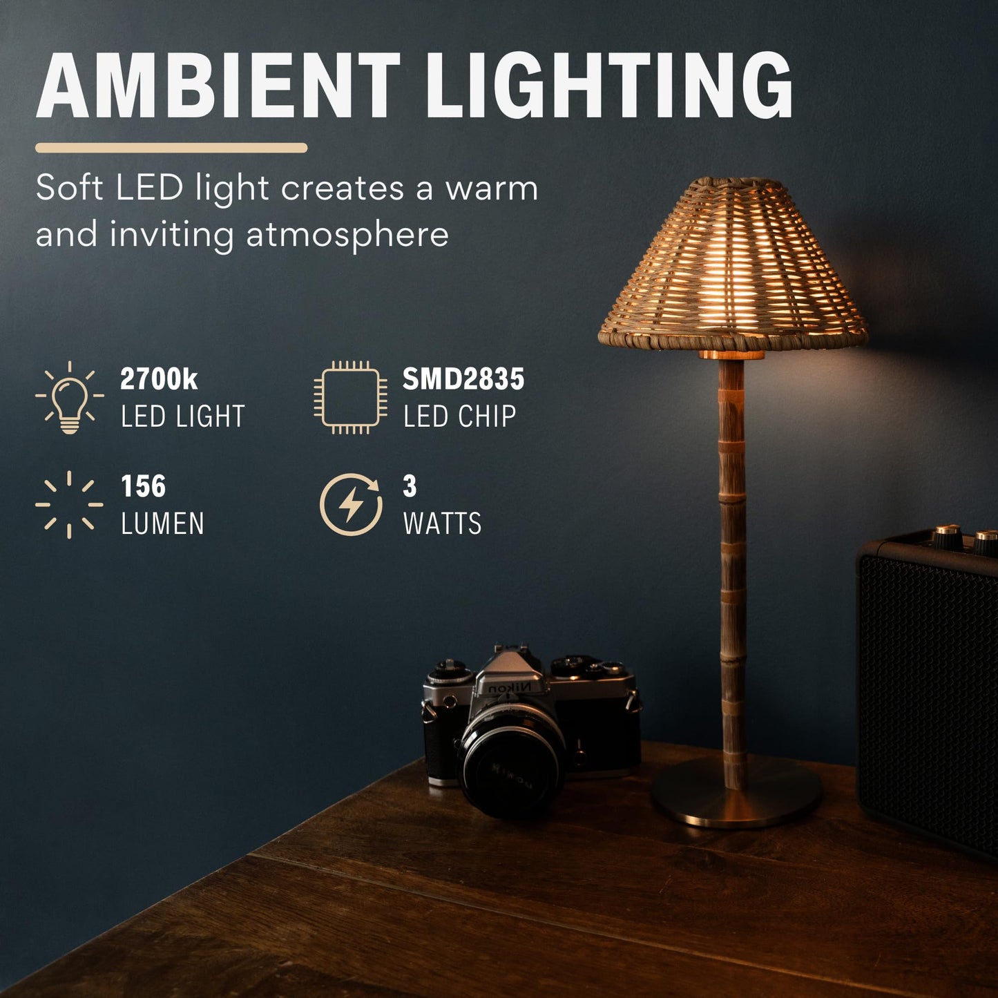 LUXELYKOS Bamboo Cordless LED Table Lamp, Rechargeable Battery, 24-Hour Use, Dimmable Warm Light, Portable Wireless Lamp with Remote for Indoor/Outdoor Use, Home, Patio, Bedroom, Restaurant Décor