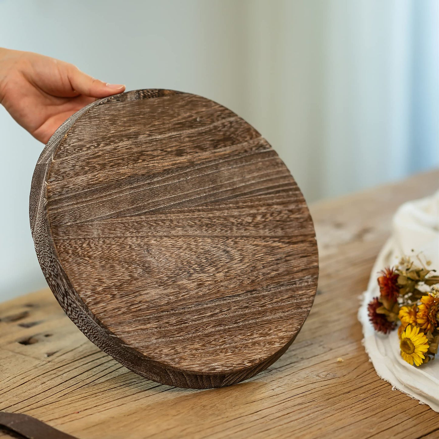 Romadedi Rustic Wooden Tray Candle Holder - Small Wood Decorative Plate Pillar Candle Tray for Farmhouse Kitchen Countertop Bathroom Coffee Table Organizer Home Decor Wedding Centerpiece, 11inch