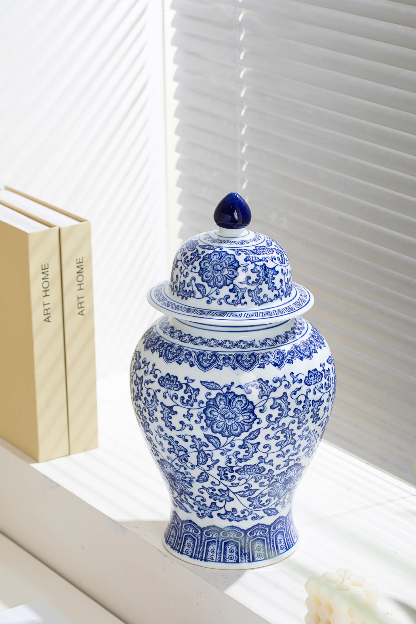Blue and White Ginger Jars for Home Décor, Chinoiserie Porcelain, Ginger Jar Vase Decor, Good Ideal for Room,Office Decoration,15" H
