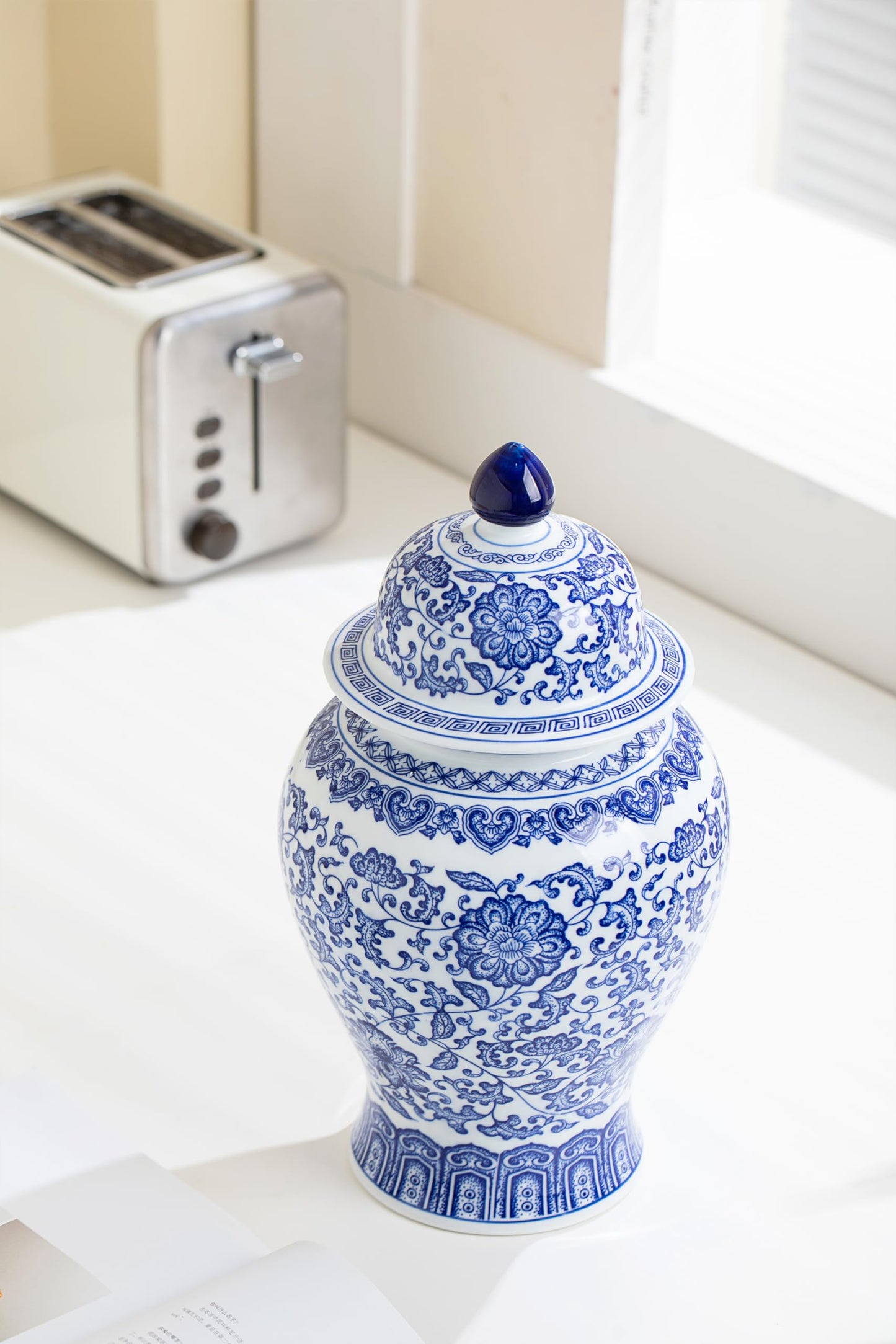 Blue and White Ginger Jars for Home Décor, Chinoiserie Porcelain, Ginger Jar Vase Decor, Good Ideal for Room,Office Decoration,15" H